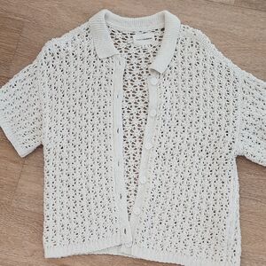 Lucky Brand White Open-Knit Button Cardigan